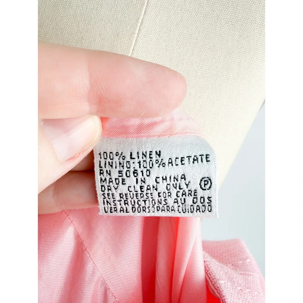 Anne Klein Linen Fit Flare Dress 8P Pink Ruffle Hem Cap Sleeve Ribbon Belt y2k